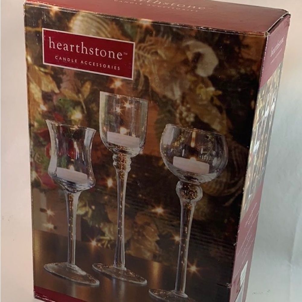 Hearthstone Set 3 Clear Glass Candle Tea Light Holders Holiday EUC In Box